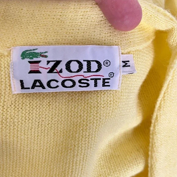 Izod Lacoste Cardigan Sweater Mens M Yellow Vintage V-Neck Crocodile Logo - Picture 3 of 5